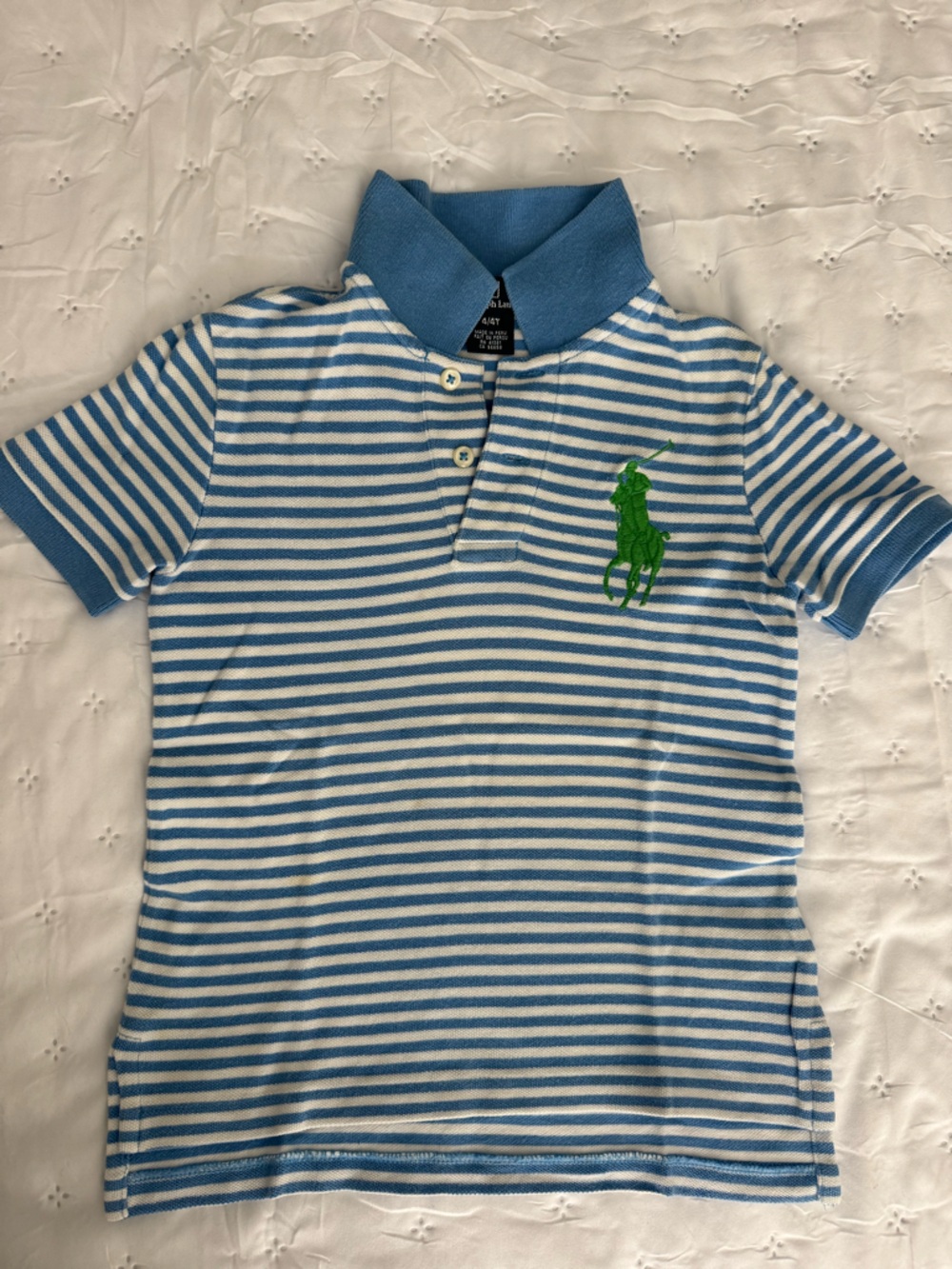 Ralph Lauren Kids Blue & White Striped Polo Shirt with Large Green Pony